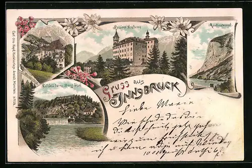 Lithographie Innsbruck, Schloss Ambras, Sillfall beim Berg Isel
