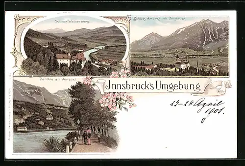 Lithographie Innsbruck, Am Innquai, Schloss Weiherberg, Schloss Ambras