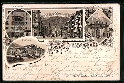 Lithographie Innsbruck, Stadtsäle, Triumpfbogen, Goldenes Dachl