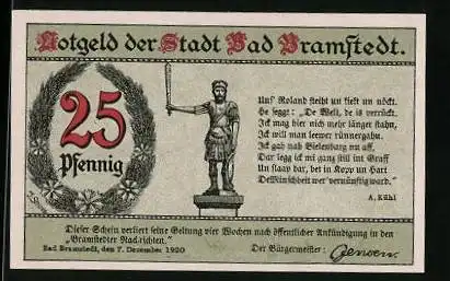 Notgeld Bad Bramstedt 1920, 25 Pfennig, Roland, Brunnen