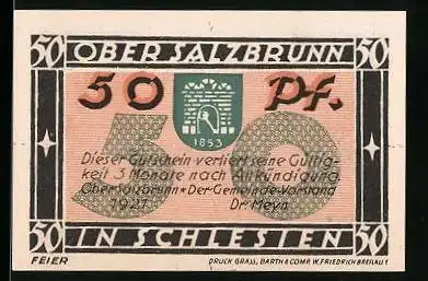 Notgeld Bad Salzbrunn /Schlesien 1921, 50 Pfennig, Burg, Wappen