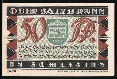 Notgeld Bad Salzbrunn /Schlesien 1921, 50 Pfennig, Gebäude mit Berg, Wappen