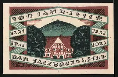 Notgeld Bad Salzbrunn /Schlesien 1921, 50 Pfennig, Gebäude mit Berg, Wappen