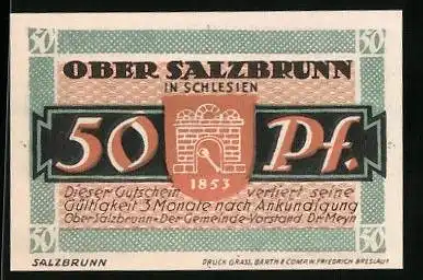 Notgeld Bad Salzbrunn /Schlesien 1921, 50 Pfennig, Figur an der Quelle, Wappen