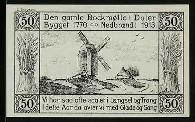 Notgeld Daler 1920, 50 Pfennig, Hissen der dänischen Flagge, Alte Bockmühle