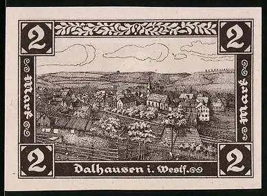 Notgeld Dalhausen i. Westf. 1921, 2 Mark, Wappen, Ortsansicht