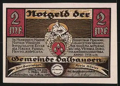 Notgeld Dalhausen i. Westf. 1921, 2 Mark, Wappen, Ortsansicht