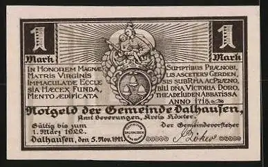 Notgeld Dalhausen i. Westf. 1921, 1 Mark, Wappen, Gnadenbild Maria