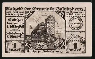 Notgeld Jakobsberg 1921, 1 Mark, Kirche, Denkmal