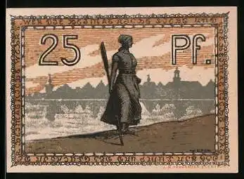 Notgeld Husum, 25 Pfennig, Fischerin vor Stadtsilhouette, Wappen
