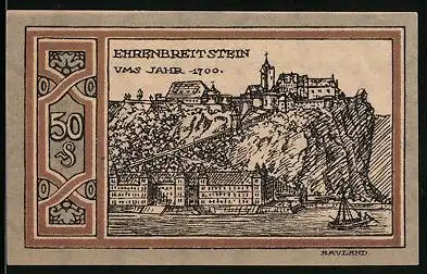 Notgeld Ehrenbreitstein 1921, 50 Pfennig, Wappen, Ortsansicht von 1700