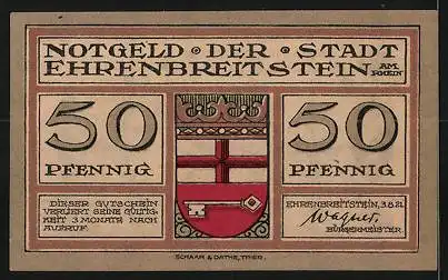 Notgeld Ehrenbreitstein 1921, 50 Pfennig, Wappen, Ortsansicht von 1700