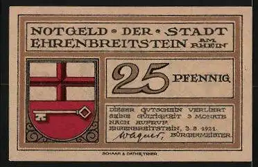 Notgeld Ehrenbreitstein 1921, 25 Pfennig, Wappen, Clemens Brentano