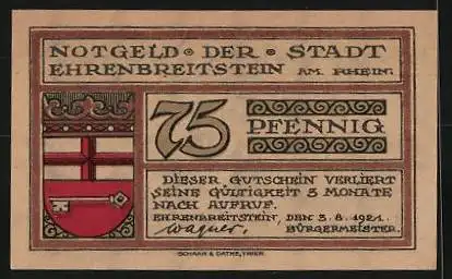 Notgeld Ehrenbreitstein 1921, 75 Pfennig, Wappen, Johann Hugo von Orsbeck