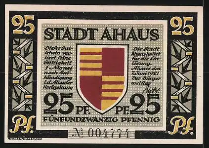 Notgeld Ahaus 1921, 25 Pfennig, Wappen, Standbild Professor Landois