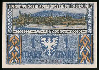 Notgeld Arnsberg 1921, 1 Mark, Wappen, Ortsansicht, Burgjungfer Gertrud