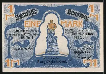 Notgeld Arnsberg 1921, 1 Mark, Wappen, Ortsansicht, Burgjungfer Gertrud