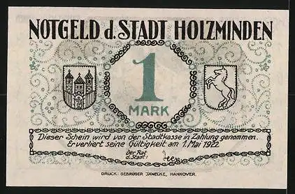 Notgeld Holzminden 1922, 1 Mark, Wappen, Schützenfest: Fahnenschwenken