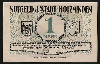 Notgeld Holzminden 1922, 1 Mark, Wappen, Schützenfest - Fahnenschwenken