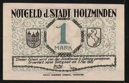 Notgeld Holzminden 1922, 1 Mark, Wappen, Schützenfest: Ausmarsch