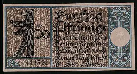 Notgeld Berlin-Weissensee 1921, 50 Pfennig, Berliner Bär, Weissensee um 1800