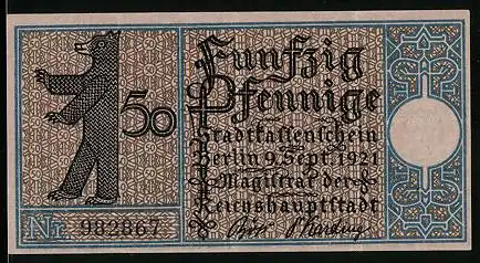 Notgeld Berlin-Lichtenberg 1921, 50 Pfennig, Berliner Bär, Lichtenberg um 1790