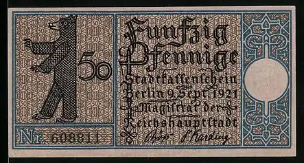 Notgeld Berlin-Treptow 1921, 50 Pfennig, Berliner Bär, Gasthaus in Treptow um 1820