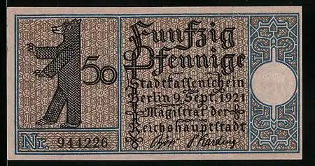 Notgeld Berlin-Wedding 1921, 50 Pfennig, Berliner Bär, Gesundbrunnen im Jahre 1760
