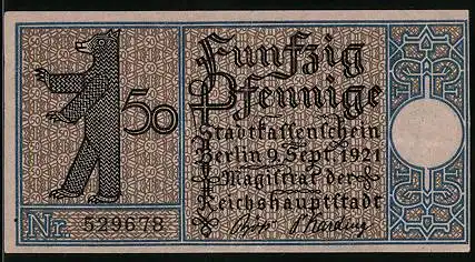 Notgeld Berlin-Tiergarten 1921, 50 Pfennig, Berliner Bär, Erstes Dampfschiff der Linie Zelten-Charlottenburg