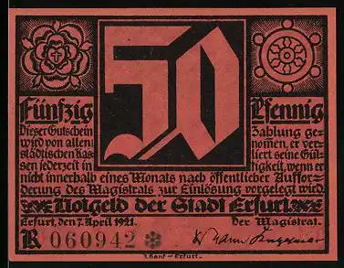 Notgeld Erfurt 1921, 50 Pfennig, Luther mit Gekreuzigtem