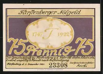 Notgeld Fürstenberg /Weser 1921, 75 Pfennig, Alte Windmühle