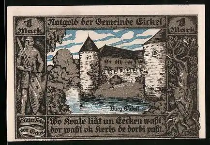 Notgeld Eickel 1921, 1 Mark, Wappen, Burg Eickel, Ritter