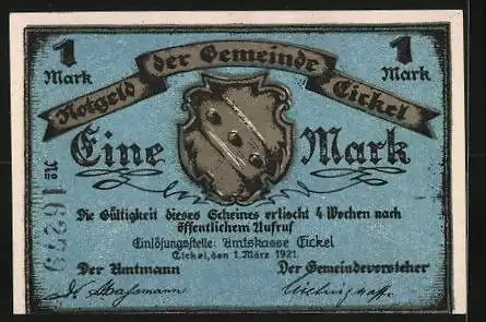 Notgeld Eickel 1921, 1 Mark, Wappen, Burg Eickel, Ritter