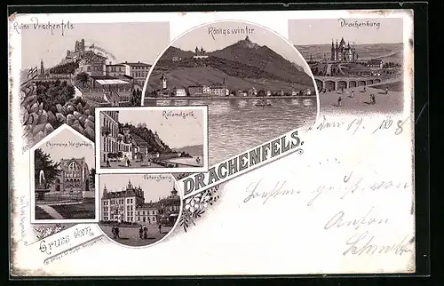 Lithographie Königswinter, Ruine Drachenfels, Petersberg und Königswinter