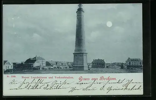 Mondschein-AK Borkum, Neuer Leuchtturm und Verkaufshallen