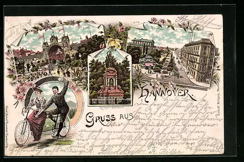 Lithographie Hannover, Krieger-Denkmal, Georgstrasse, Tivoli