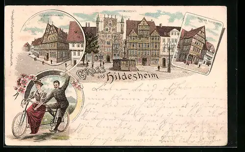 Lithographie Hildesheim, Marktplatz, Altdeutsches Haus