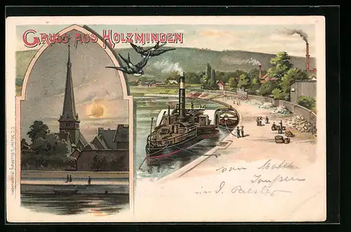 Lithographie Holzminden, Kirchturm und Dampfer an Anlegestelle