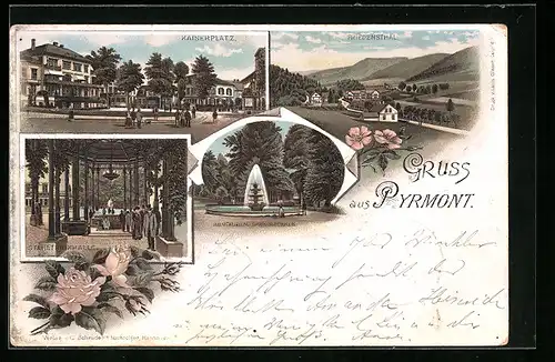 Lithographie Pyrmont, Kaiserplatz, Friedensthal, Stahltrinkhalle