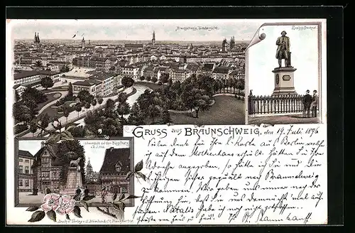 Lithographie Braunschweig, Totalansicht mit Lessing-Denkmal