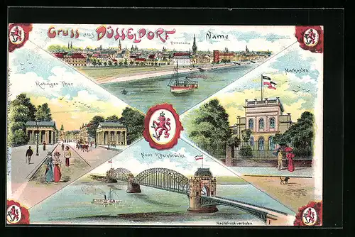 Lithographie Düsseldorf, Panorama, Ratinger Thor, Neue Rheinbrücke