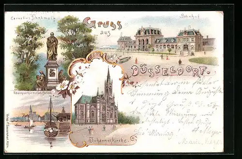 Lithographie Düsseldorf, Bahnhof, Cornelius Denkmal, Johanneskirche