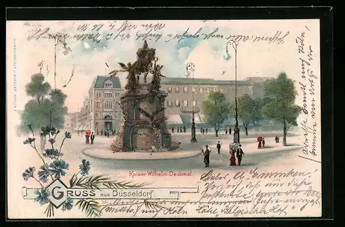Lithographie Düsseldorf, Kaiser Wilhelm-Denkmal, Glitzer-Perlen