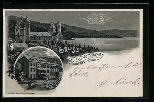 Mondschein-Lithographie Maria-Laach, Laacher See mit Hotel Maria-Laach und Schloss