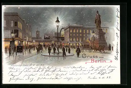 Lithographie Berlin, Alexanderplatz bei Nacht