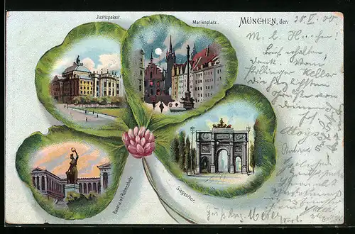 Passepartout-Lithographie München, Marienplatz, Bavaria mit Ruhmeshalle, Siegesthor