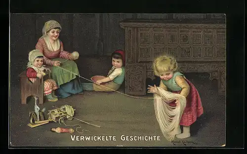 Künstler-AK Hermann Kaulbach: Verwickelte Geschichte, Mädchen hilft der Mutter mit der Wolle