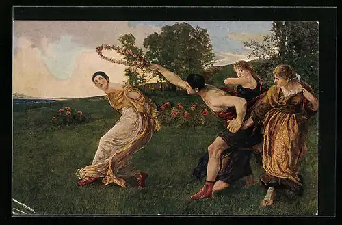 Künstler-AK Max Klinger: Das Spiel mit dem Kranz, Mann fängt Frau