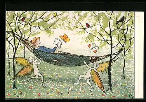 Künstler-AK Ernst Kreidolf: In der Hängematte, Motiv mit Feen