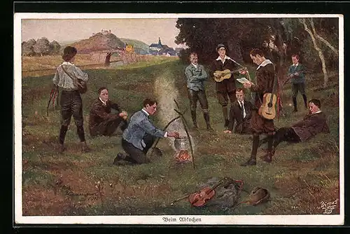 Künstler-AK Robert Kämmerer: Wandernde Musikanten beim Abkochen